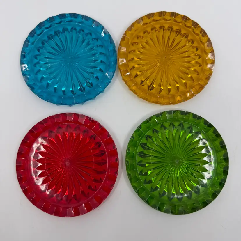 4 Vintage 60s Jewel Plastic Coasters Sawtooth Edge Multicolor Barware