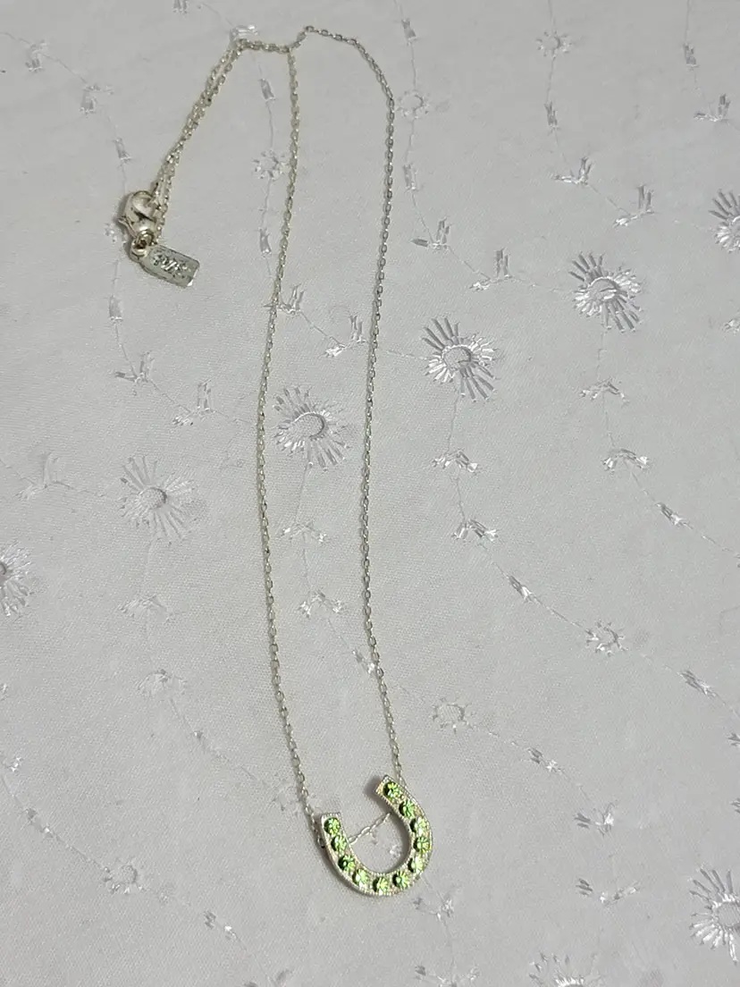 1928 silvertone and green rhinestone horseshoe necklace and pendant