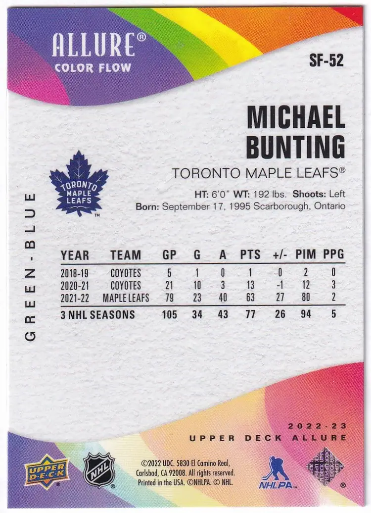 2022-23 Upper Deck Allure Color Flow Green Blue #SF52 Michael Bunting Toronto Maple Leafs Hockey Card