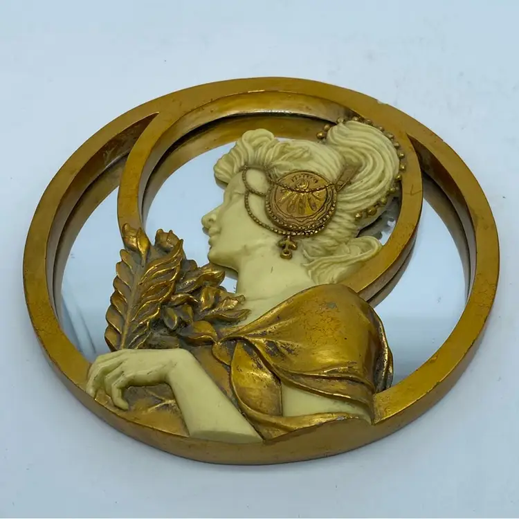 Art Nouveau Antique Grecian Figurine On Round Mirror