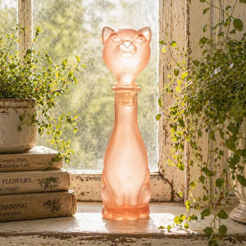 Vintage Pink Empoli Italy Import Demain Collection Glass Feline Cat Decanter