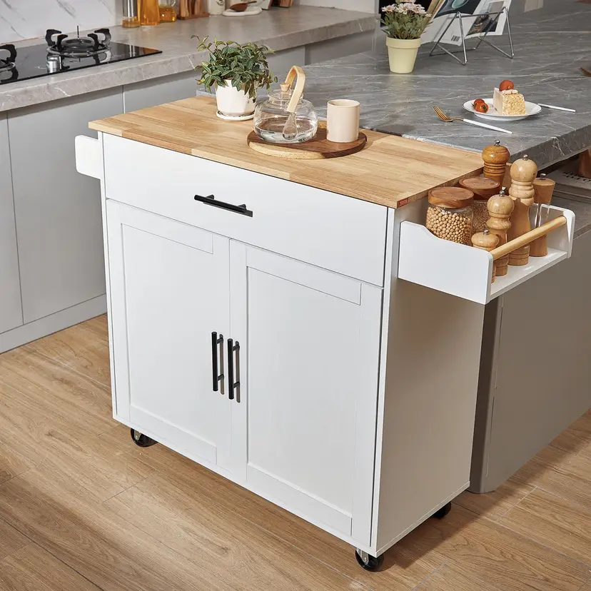 Kitchen Island Cart with Solid Wood Top, Rolling Storage Cabinet with Drawer, Spice Rack and Towel Rack, White