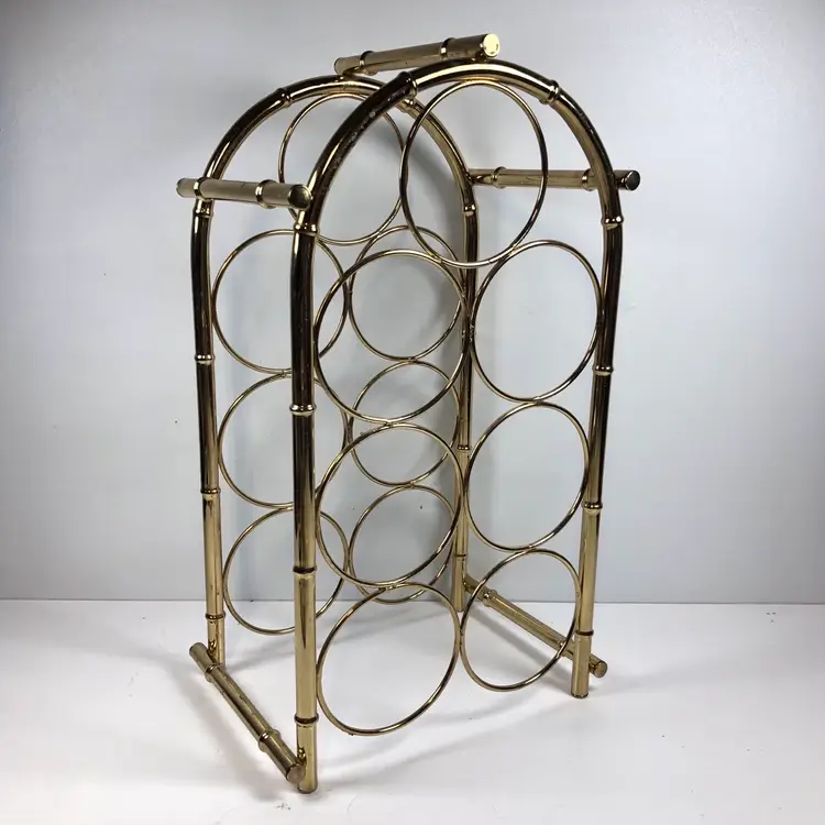 Vintage Hollywood Regency Brass Faux Bamboo 7-Bottle Tabletop Wine Rack MCM 
