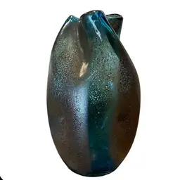 Art Glass Vase Pinched Blue Barbarico Design Textured Overlay Vintage Hand Blown