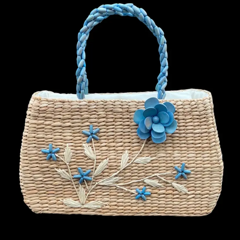 Nine West Straw Purse with Smoky Blue Beaded Flowers & Handles, New