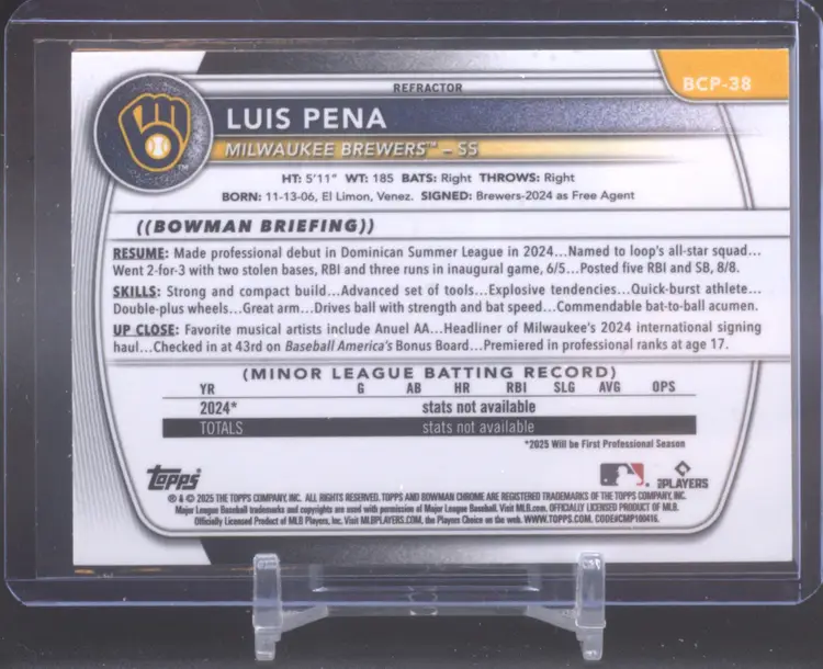 2025 Bowman Chrome Refractor 1st Bowman /499, Luis Pena, Milwaukee Brewers