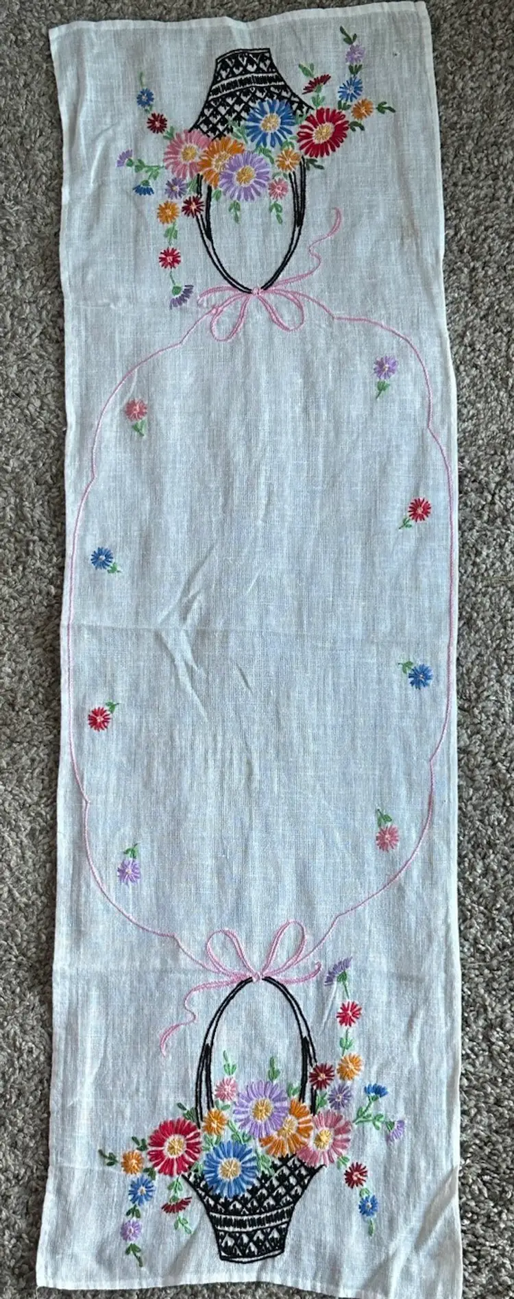 Vintage French embroidery panel, hand embroidered linen Table Runner, BIG floral handwork embroidery 32x10