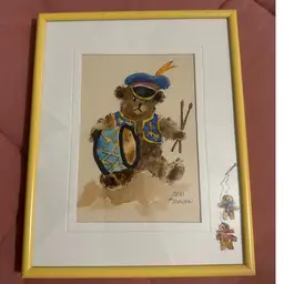 Drummer Bear Original Signed Micki Samson Watercolor Framed 8x10