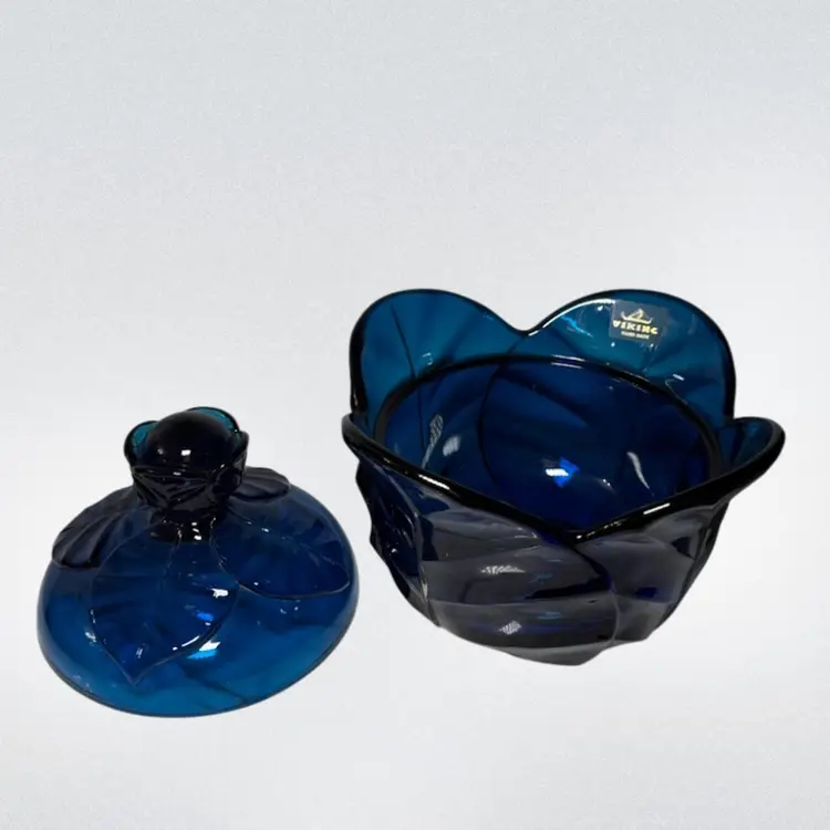 Vintage Viking Lidded Cabbage Leaf Candy Dish In Bluenique 6in Tall