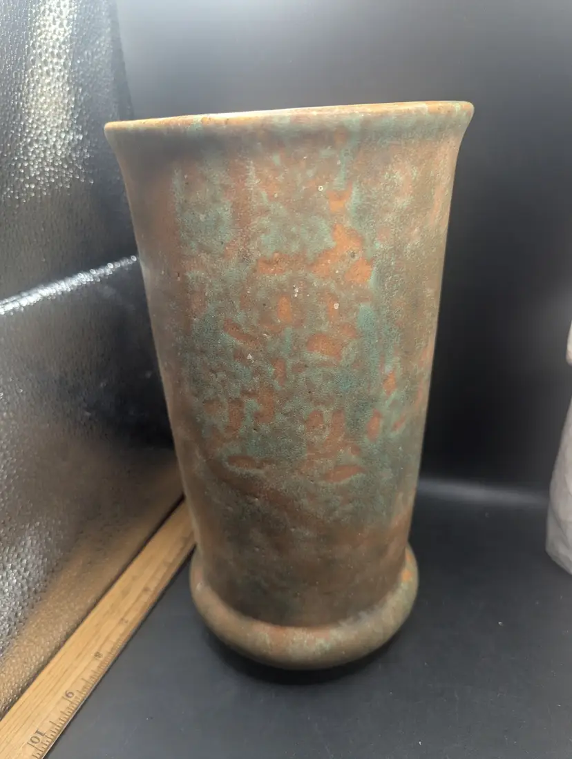 Vintage 1930's Burley Winter #602 Vase Bulbous Bottom Orange Brown And Turquoise Green Matte Glaze.
