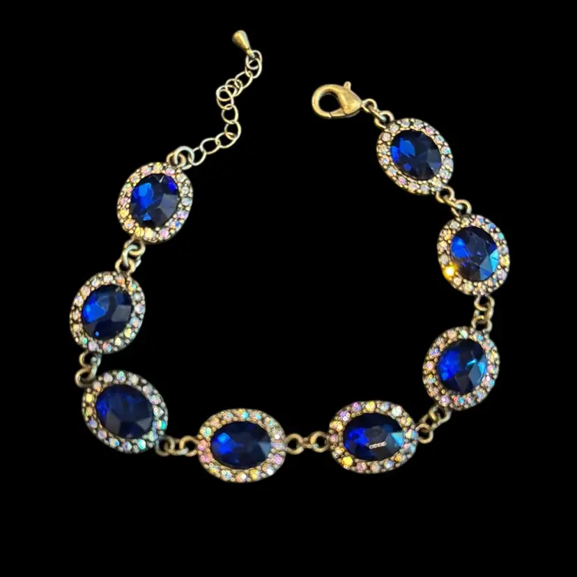 Vintage Silver Tone Faux London Blue Topaz Glass Rhinestone Bracelet