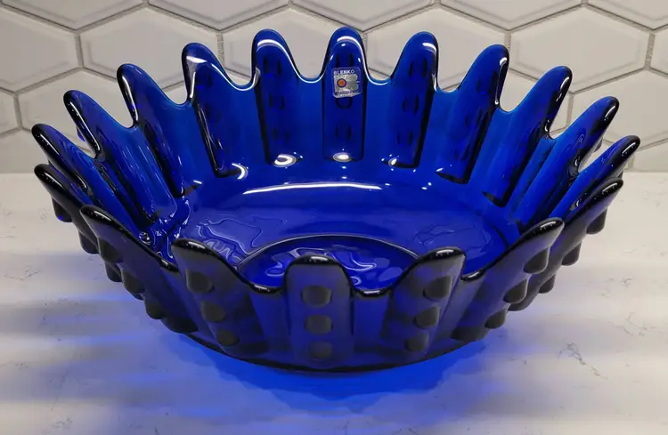 Blenko glass #942 Large Bowl with Fingers and Dots in Cobalt Blue