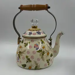 Pre Owned Mackenzie-Childs Enamel Wildflower Tea Pot 2 Quarts With Pink Polka dots And Daisy’s.