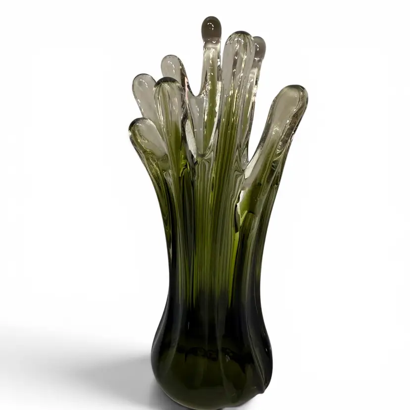 Vintage 10 Finger 7” Green Glass Swung Vase