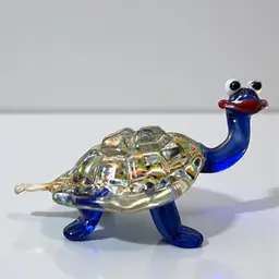 Blown Glass Turtle Blue Confetti 4” long x 1.5” tall Miniature Goofy Face