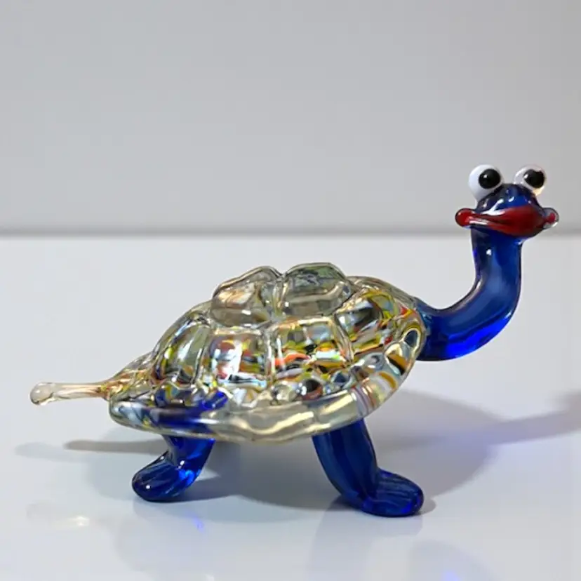 Glass Turtle Hand Blown Blue Confetti 4” long x 1.5” tall Miniature