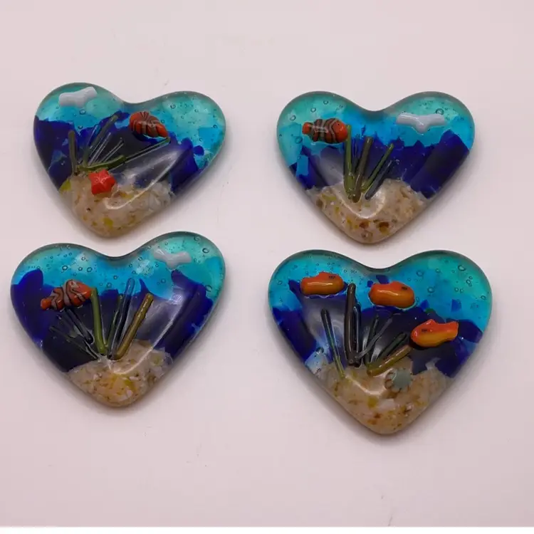 Made by Me! Fused Glass Heart Ocean 3D Goldfish or Nemo Turquoise Sky 1 3/4" Handcrafted Studio Art