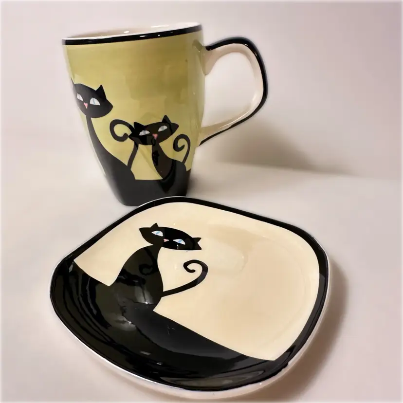 Hues N Brews MCM Cattitude Atomic Retro Ceramic Black Cat Mug & Saucer Vintage