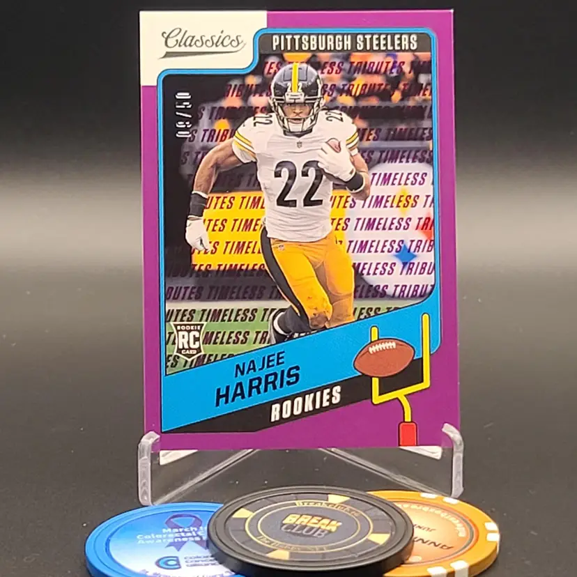 Najee Harris Rookie 2021 Panini Classics Football Timeless Tributes Purple Parallel Numbered 9/50 Card #163 - Pittsburgh Steelers Football Card