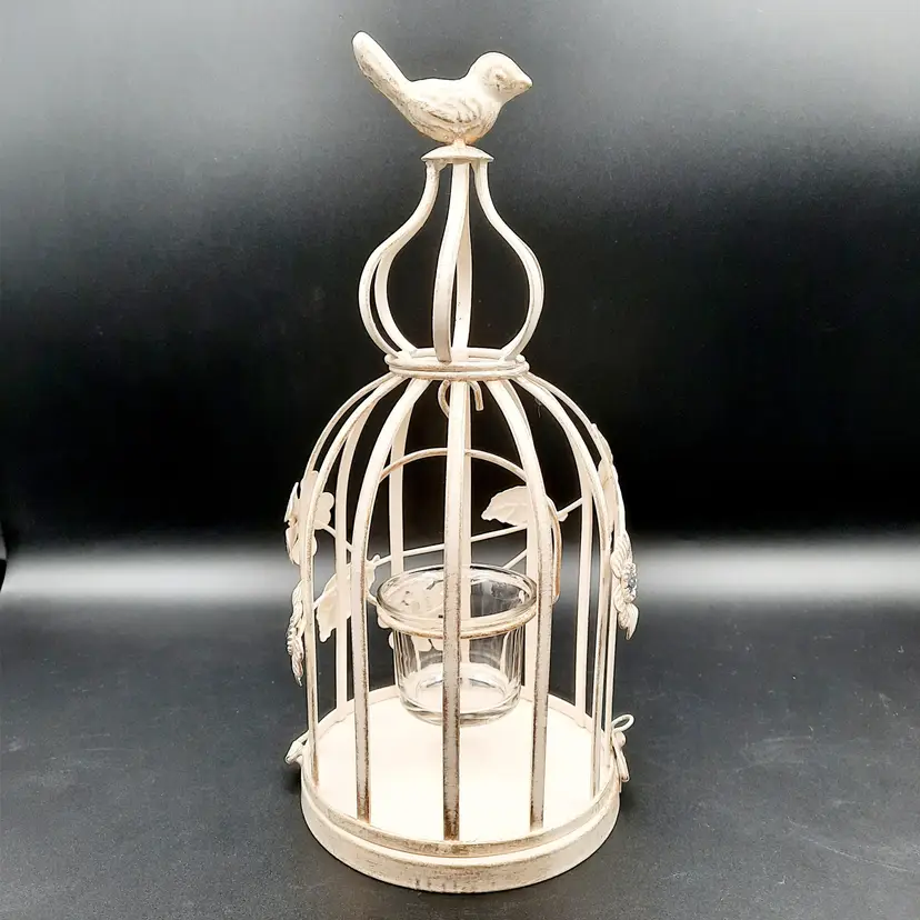 Rustic Metal Birdcage Lantern Hanging Votive Holder with Bird Finial & Flower Leaf Design
