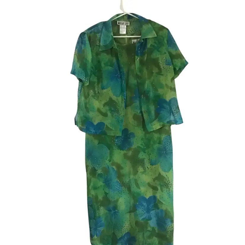 Megan Lee Woman's Size 14P Two Piece Dress Blue Green Sparkle Church Office