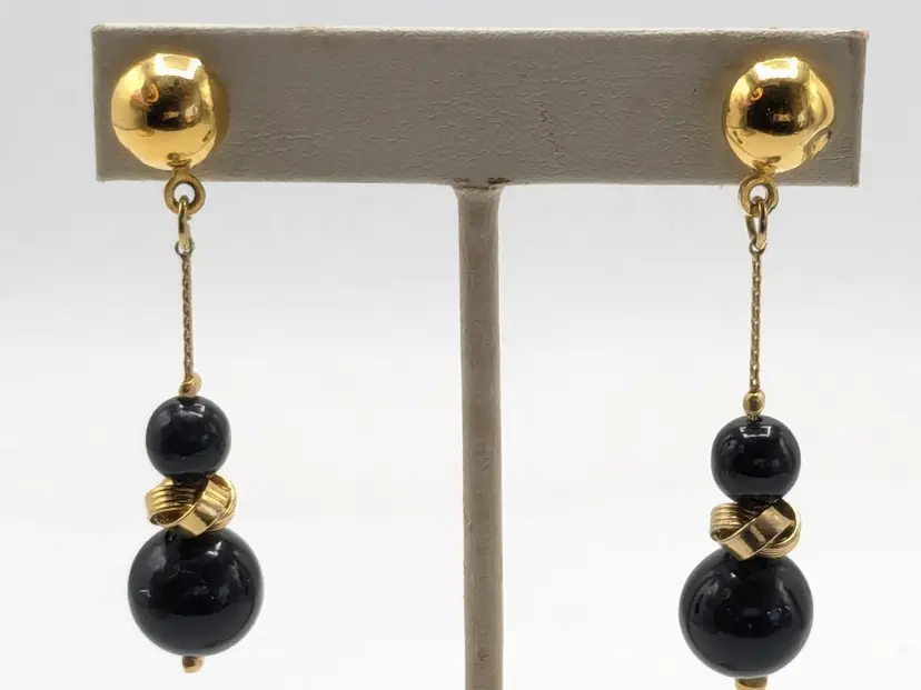 Vintage Gold Tone Black Bead Chain Drop Pierced Earrings