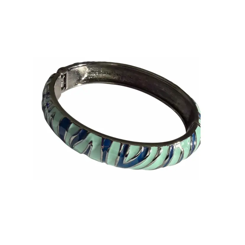 Vintage 80s Silver Tone Blue Enamel Animal Stripe Clamper Bracelet Size 7”