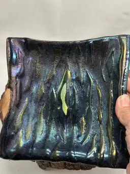 Dichroic Art Glass Fused Irridescent Metallic Swirls Deep Plate Display Bowl Signed