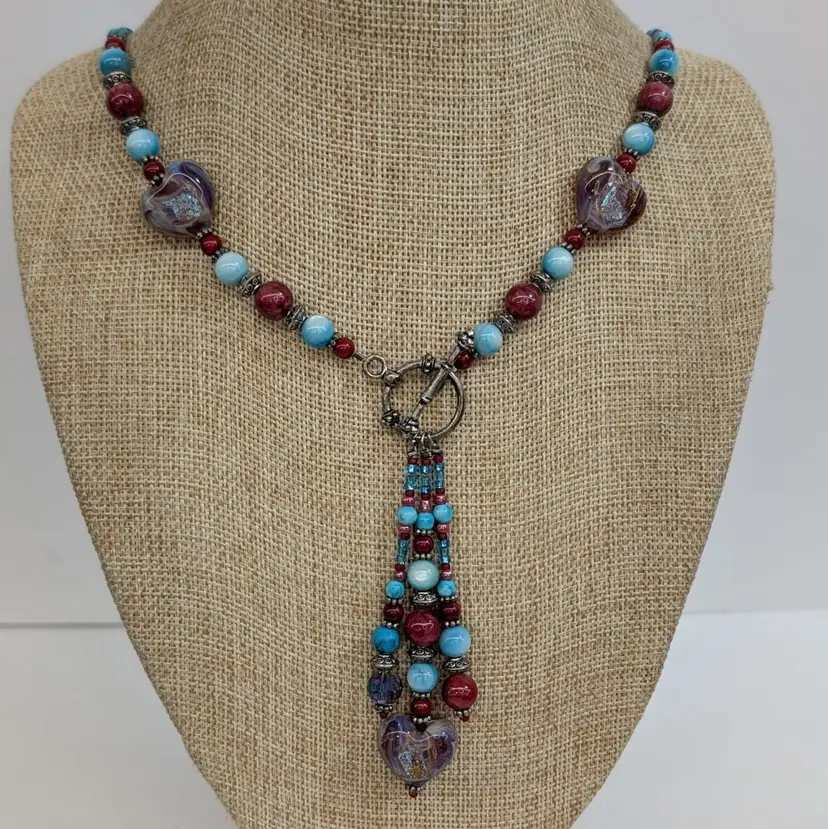 Art Glass Hearts Beaded Necklace Turquoise & Red Toggle Clasp 21" + 3" Tassel
