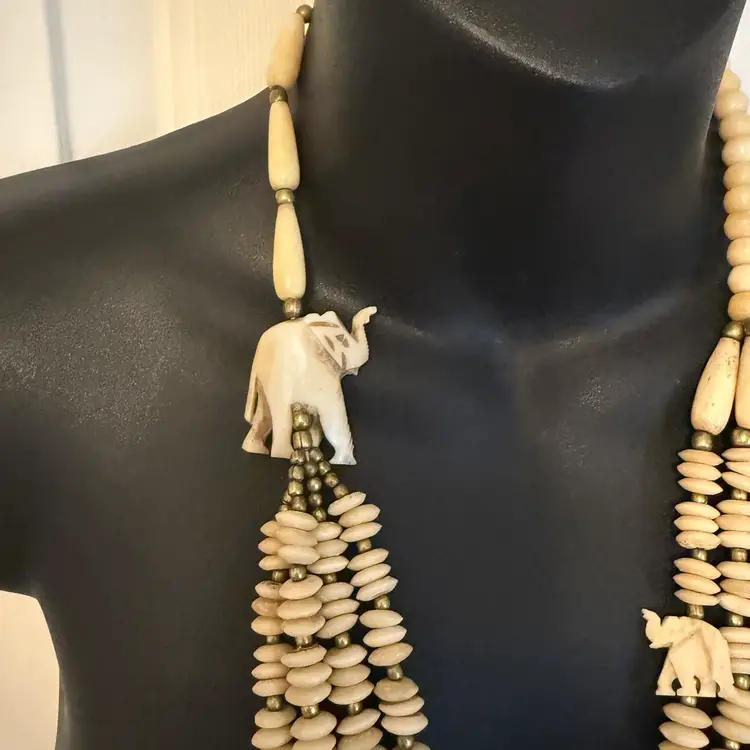 Vintage BOHO Necklace Carved Elephants Natural Material 25” Multi-strand