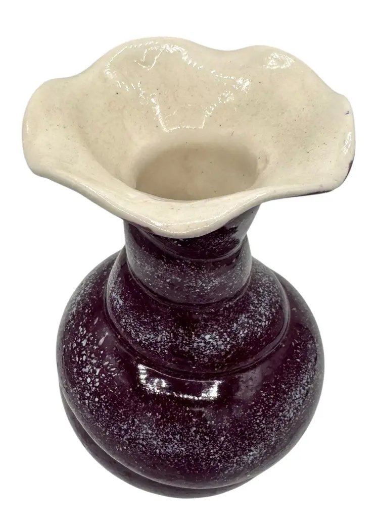 Vintage Art Pottery Ceramic Vase Purple Plum Ruffle Swirl Fluted Splatter 8”