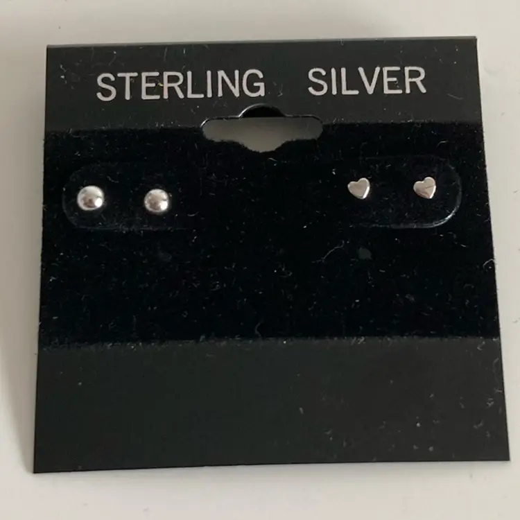 Set Of 2 Vintage Sterling Silver Baby Studs Earrings With Heart Shape And Ball Backs Sets