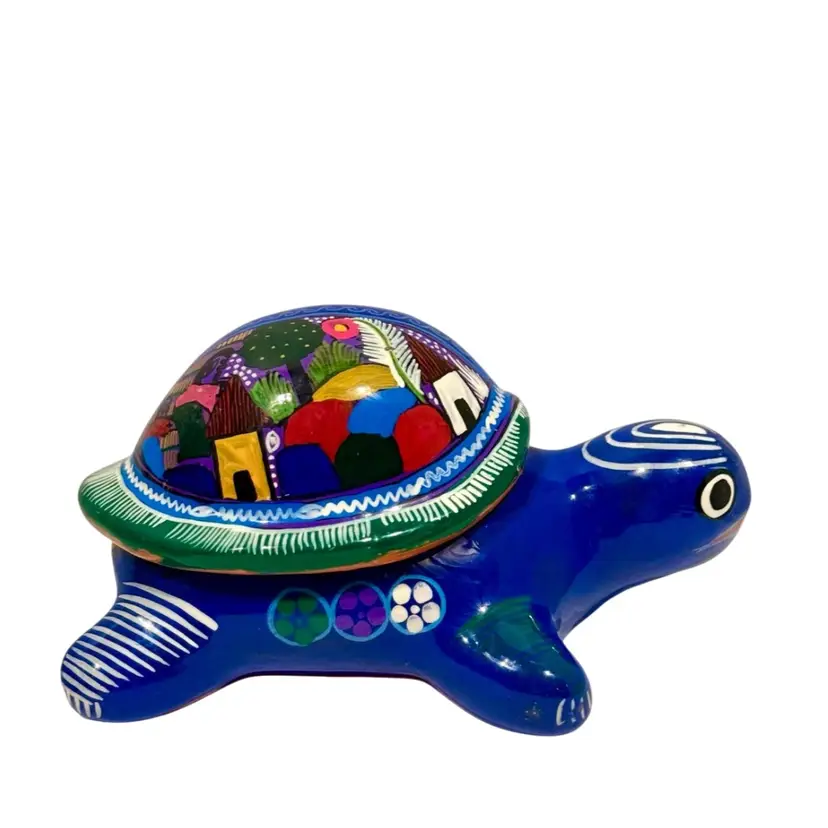 Trinket Box 7β x 4β Turtle Ceramic Hand Painted Cobalt Blue Body Multi Color Design READ