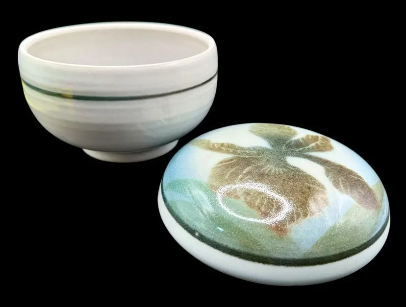 Signed Art Pottery Covered Lidded Bowl Dish Box Orchid Flower Floral Blue White