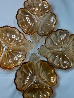 Jeannette Carnival Glass Marigold 3 Leaf Clover Shaped Relish Dish Lot Of 4