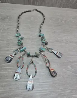 Native Necklace Turquoise Coral MOP Inlay Dancing Kachina 5 Pendant Necklace