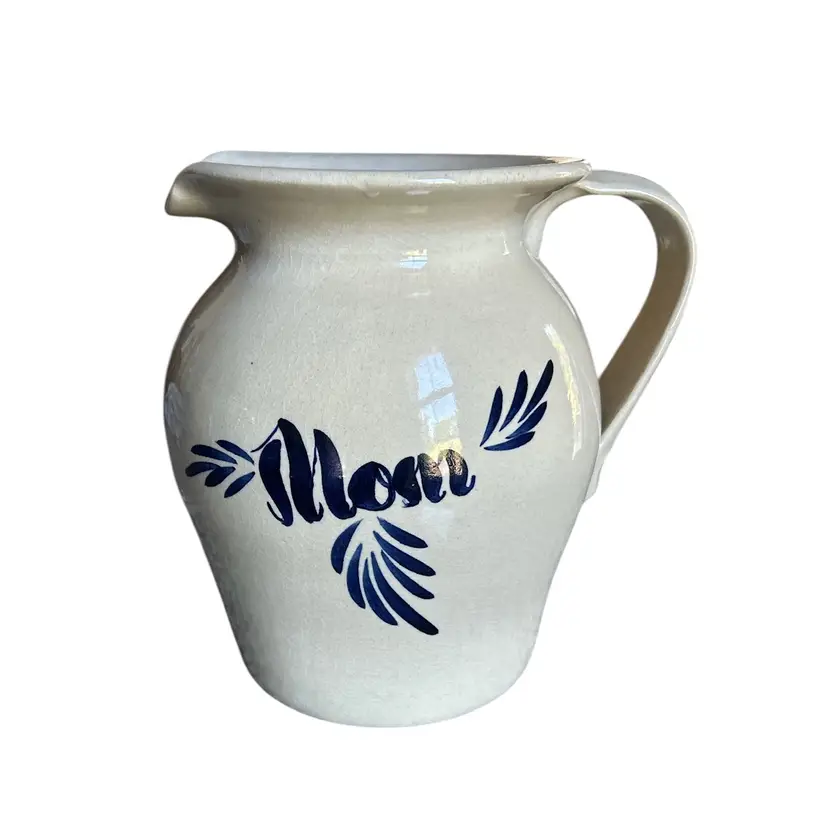 Large Blue and White Ceramic Stoneware Mom Pitcher
