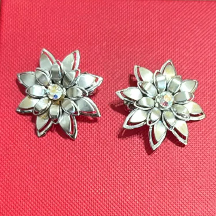 Vintage Coro Clip On Earring Silver Tone Layered Flower MCM