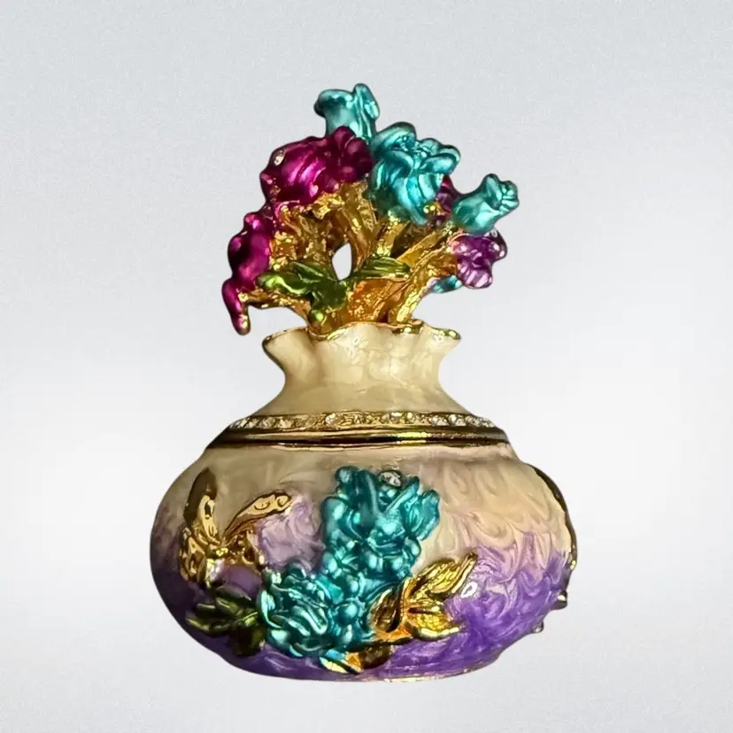 Round Enamel Trinket Box Vase with Purple, Fushia, Turquoise Flowers Magnetic Closure
3” T x 2” W