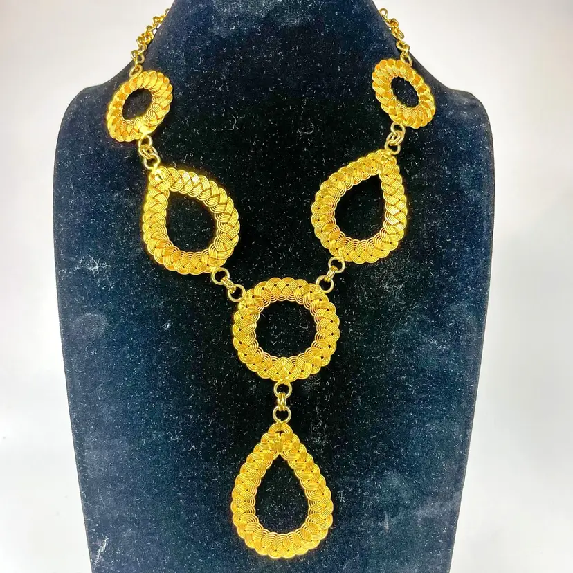 Gold Tone Statement Y shaped Necklace With Woven Teardrop & Circle Links