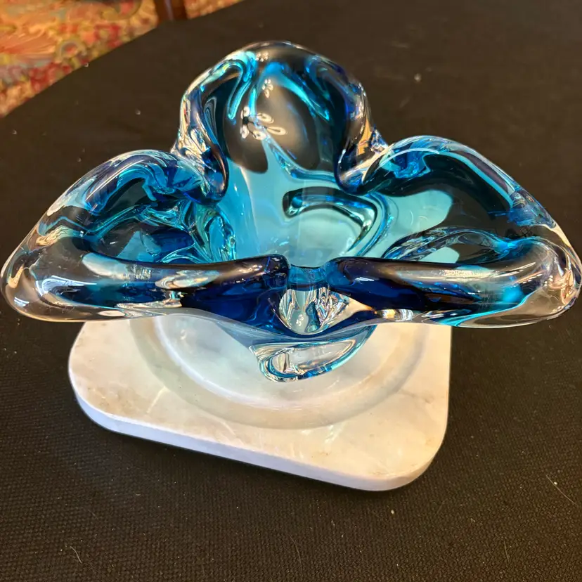 Vintage Blown Blue Glass Flower Shape Bowl by Chalet Canada, 8” Clean No Chips