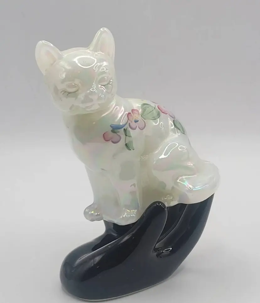 Fenton White Iridescent Handpainted Florals Glass Cat • P. Lauderman • 3.75"H