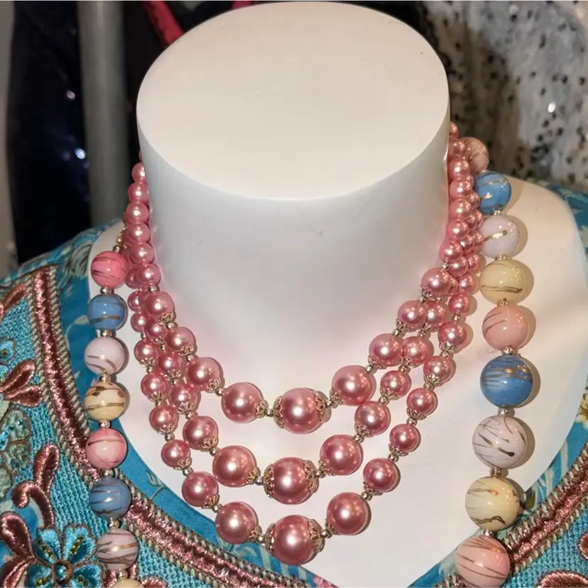 Vintage Triple Strand Pink faux Pearl Necklace