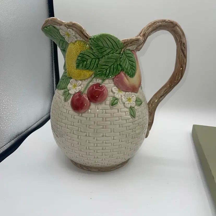 Fitz & Floyd Classics Wicker Basket Large Pitcher Fruits and Flowers 1990 10”