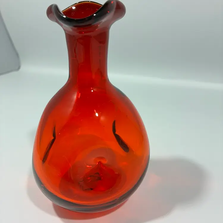 Ruby Red Tangerine Amberina Dimpled Mcm Decanter Ewer Glows 4.5” Tall
