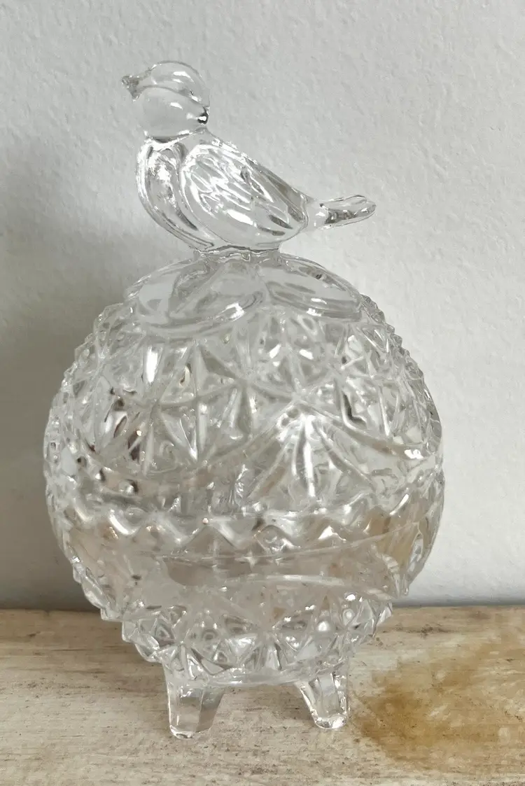 Beautiful Vintage Lead Crystal Footed Trinket Dish w/ Lid Etched Birds