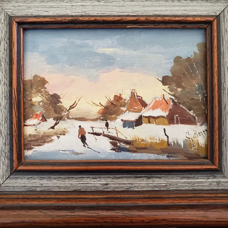 Dutch Painting Signed Framed 7 7/8" j.w.v. berkum b.v. Hoorn Netherlands Winter