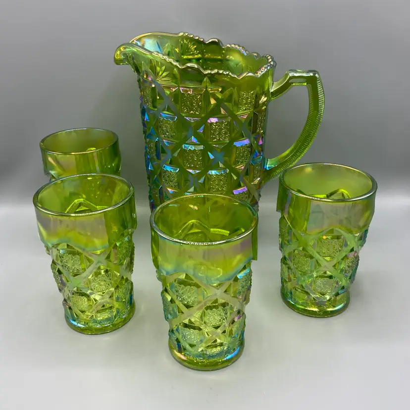 Vintage Rare Westmoreland Old Quilt Water Set - Lime Green Carnival Glass - Pitcher and Four Tumblers