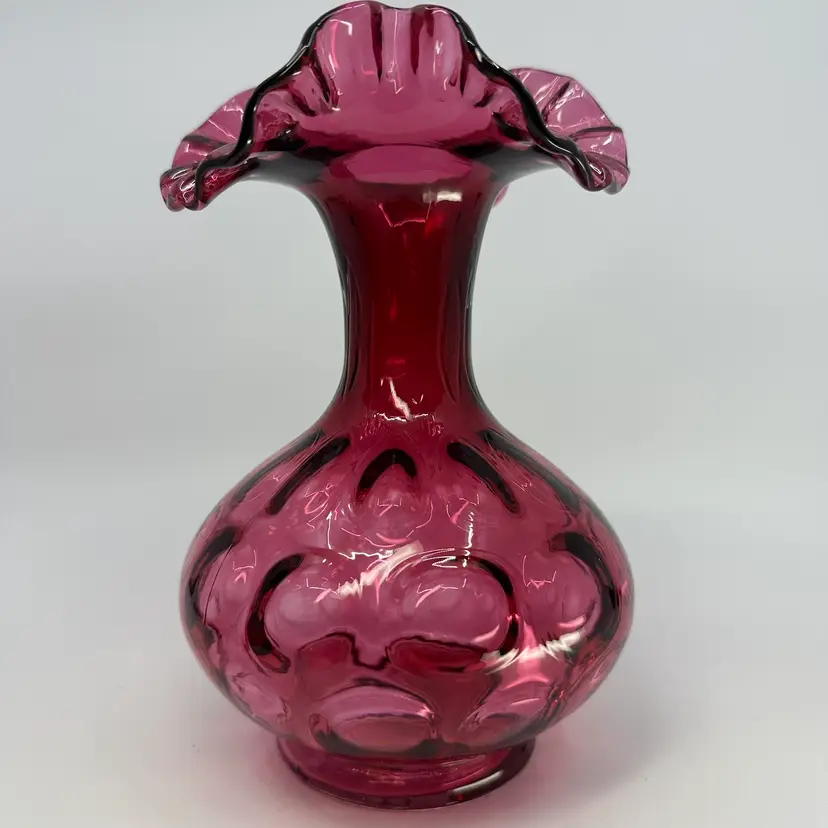 Fenton Country Cranberry Art Glass Ruffled Trim With Hang Tag & Sticker ✨Glows
