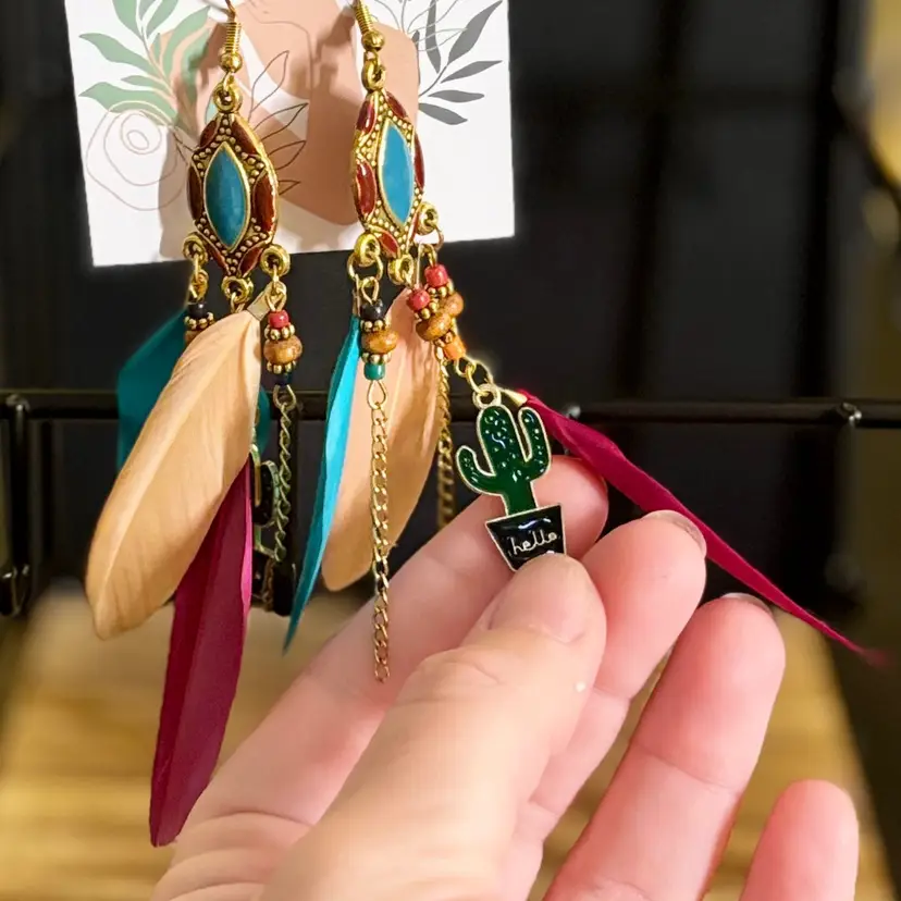 Multicolor Feather and Cactus Earrings